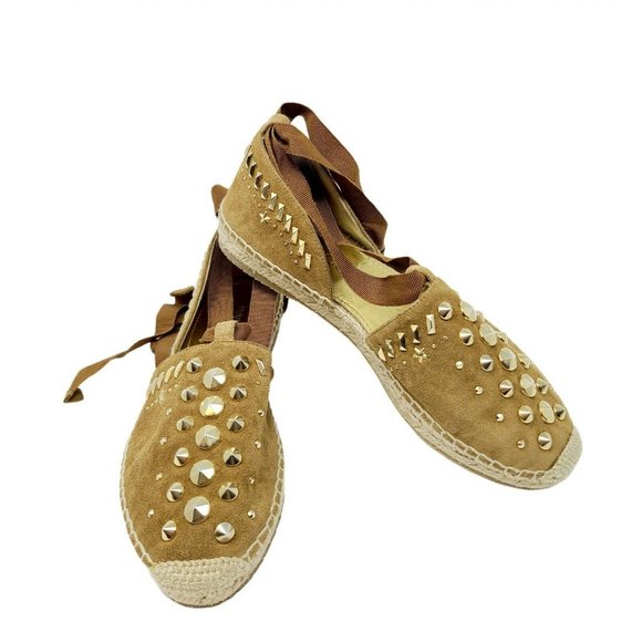 Jimmy Choo Brown Suede Gold Studded Lace Up Flats Espadrille - Picture 2 of 9